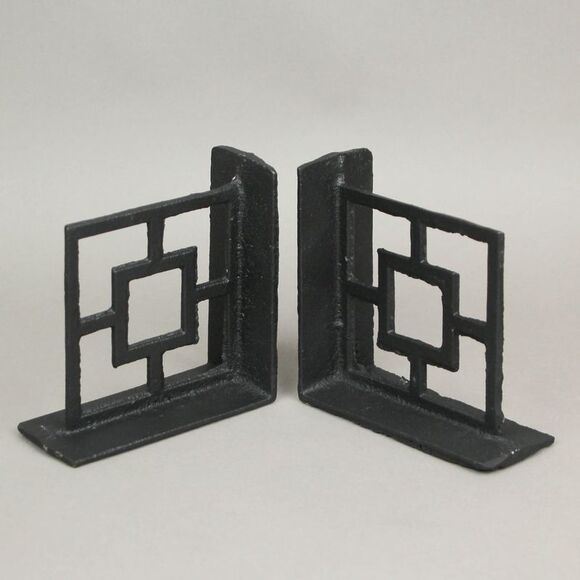 Set of 2 Cast Iron Breeze Block Bookends Decorative Rustic Geometric Shelf Decor - Picture 4 of 5